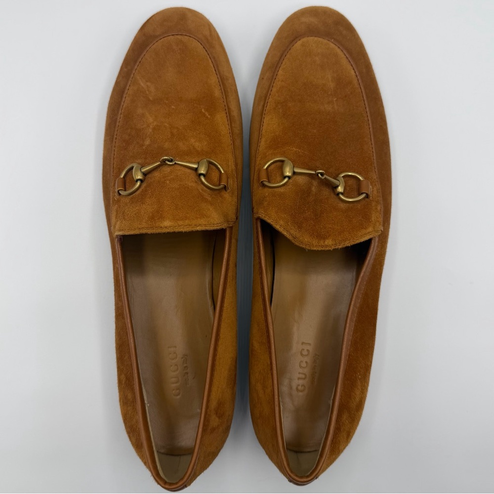 NWOB Gucci Light Brown Amber Suede Jordaan Horsebit Loafers EU 40.5